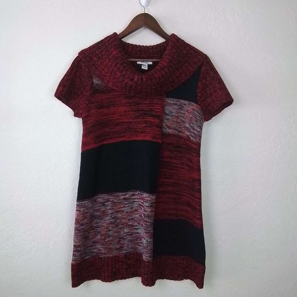Style & Co Sweater Dress XL Petite Red Black Patchwork Cowl Neck Short Sleeve‎